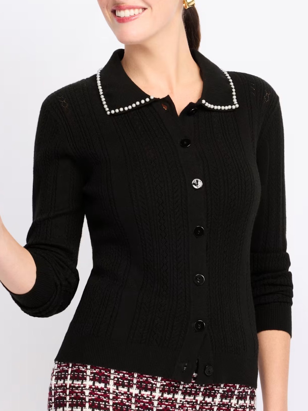 RD Style Avery Black Pearl-Trim Cable Knit Cardigan sweater sz L long sleeve
